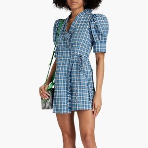 Ganni Checked cotton-blend seersucker mini wrap dress